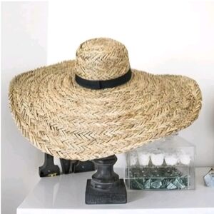 Wide Brim Straw Hat with Black Band Vacation Sun Hat